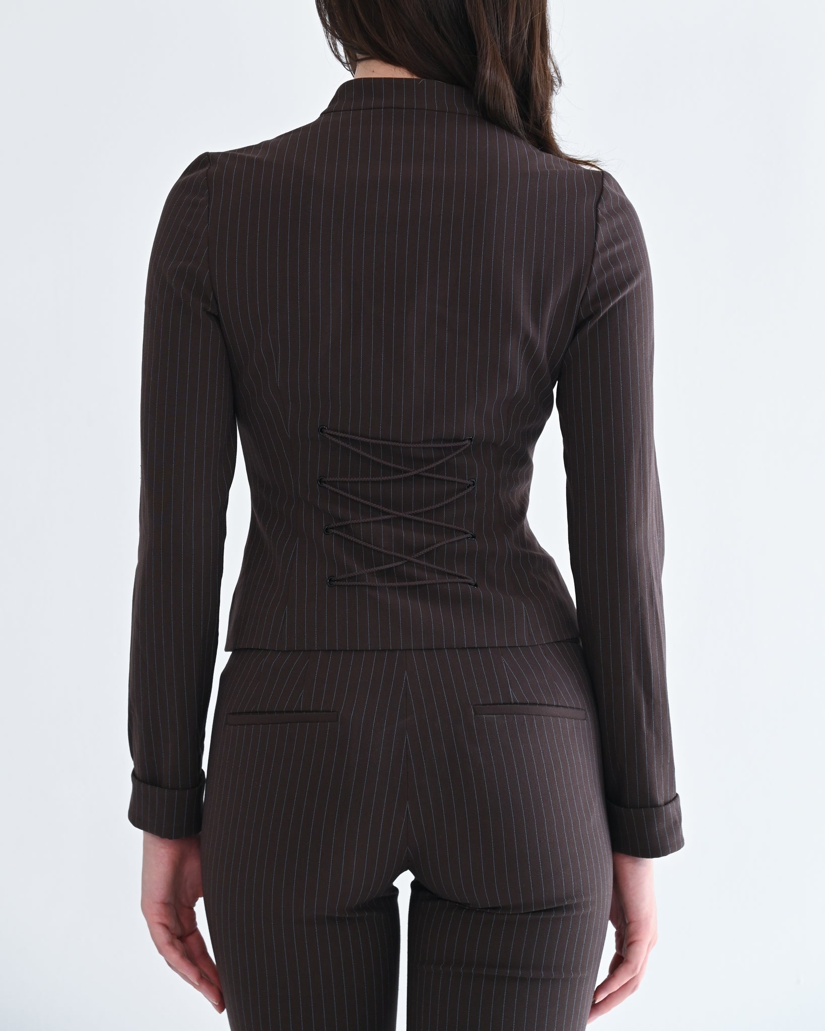 The Harlow Jacket in Brown Pinstripe